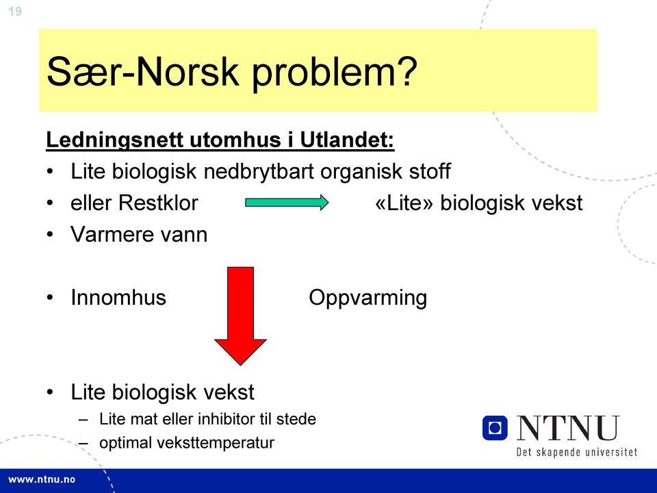 organisk stoff eller Restklor «Lite» biologisk vekst Varmere