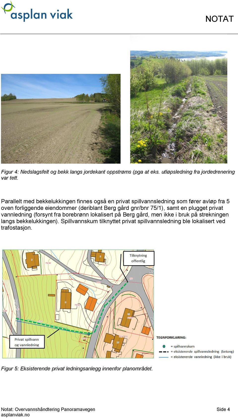 75/1), samt en plugget privat vannledning (forsynt fra borebrønn lokalisert på Berg gård, men ikke i bruk på strekningen langs bekkelukkingen).