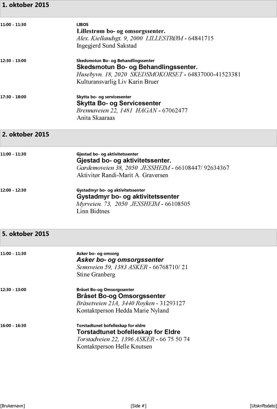 18, 2020 SKEDSMOKORSET - 64837000-41523381 Kulturansvarlig Liv Karin Bruer 17:30-18:00 Skytta bo- og servicesenter Skytta Bo- og Servicesenter Brennaveien 22, 1481 HAGAN - 67062477 Anita Skaaraas 2.