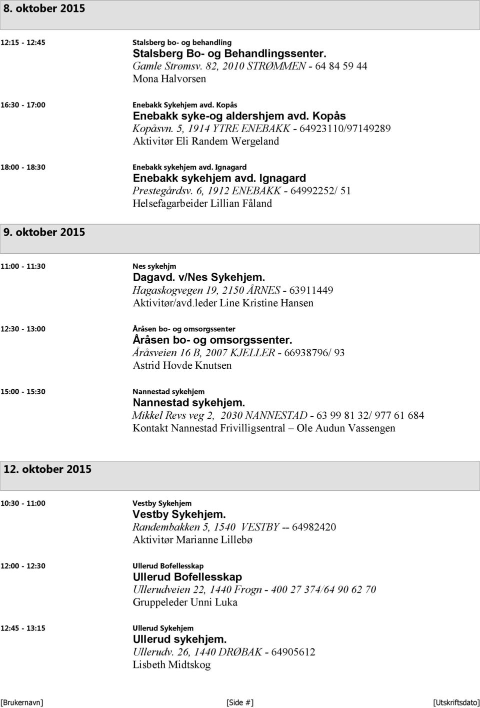 Ignagard Prestegårdsv. 6, 1912 ENEBAKK - 64992252/ 51 Helsefagarbeider Lillian Fåland 9. oktober 2015 11:00-11:30 Nes sykehjm Dagavd. v/nes Sykehjem.