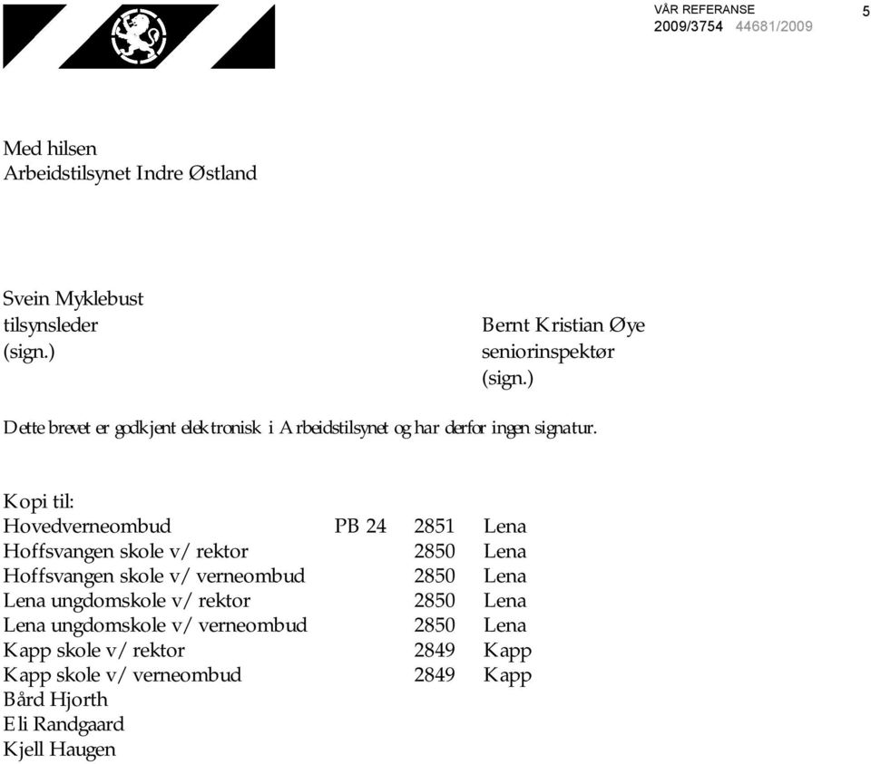 Kopi til: Hovedverneombud PB 24 2851 Lena Hoffsvangen skole v/ rektor 2850 Lena Hoffsvangen skole v/ verneombud 2850 Lena Lena