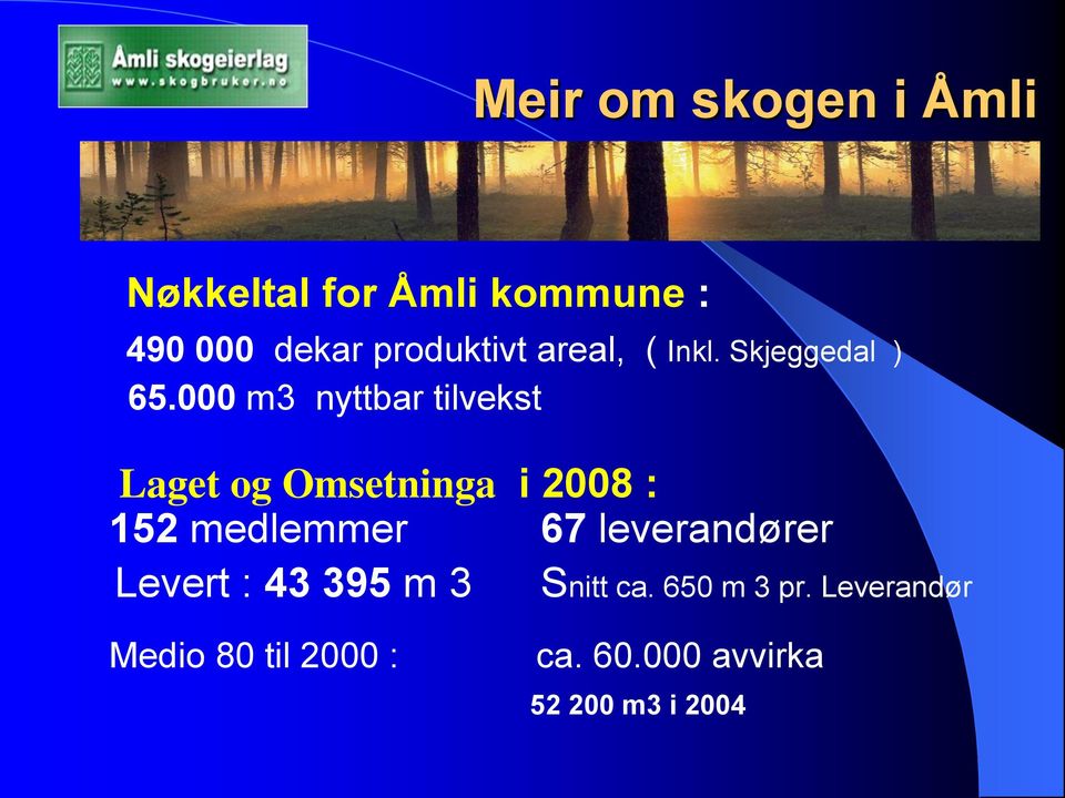 000 m3 nyttbar tilvekst Laget og Omsetninga i 2008 : 152 medlemmer 67