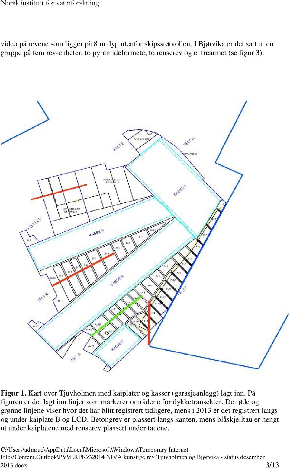 Kart over Tjuvholmen med kaiplater og kasser (garasjeanlegg) lagt inn. På figuren er det lagt inn linjer som markerer områdene for dykketransekter.