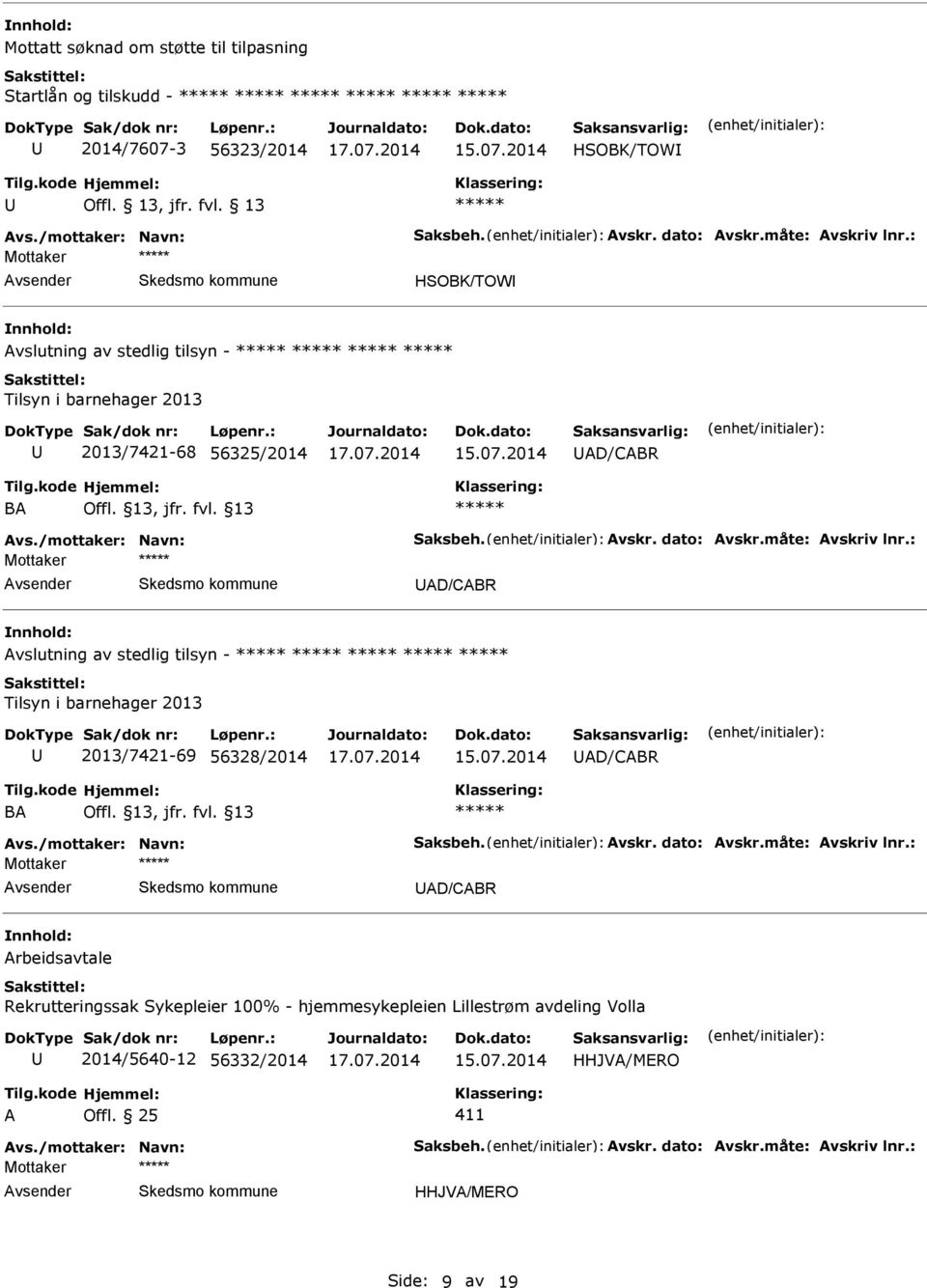 : Mottaker AD/CABR Avslutning av stedlig tilsyn - Tilsyn i barnehager 2013 2013/7421-69 56328/2014 AD/CABR BA Avs./mottaker: Navn: Saksbeh. Avskr. dato: Avskr.måte: Avskriv lnr.