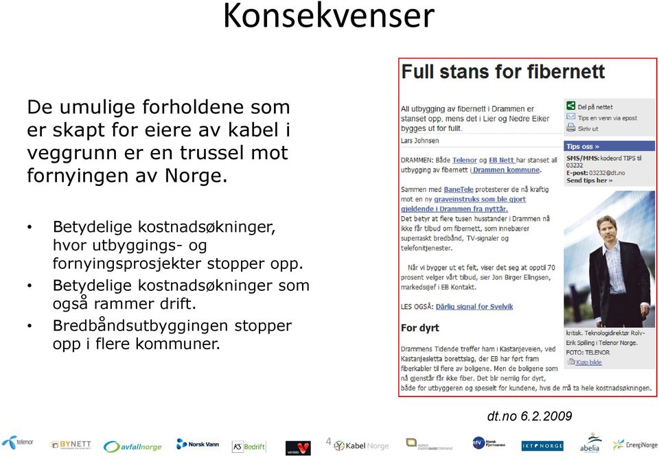 Betydelige kostnadsøkninger, hvor utbyggings- og fornyingsprosjekter stopper