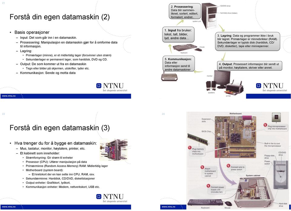 Input fra bruker: tekst, tall, bilder, lyd, andre data Primærlager (minne), er et midlertidig lager (forsvinner uten strøm) Sekundærlager er permanent lager, som harddisk, DVD og CD. 5.