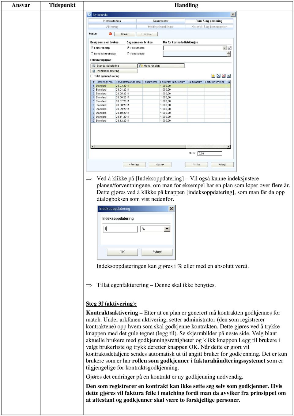 Tillat egenfakturering Denne skal ikke benyttes. Steg 3f (aktivering): Kontraktsaktivering Etter at en plan er generert må kontrakten godkjennes for match.