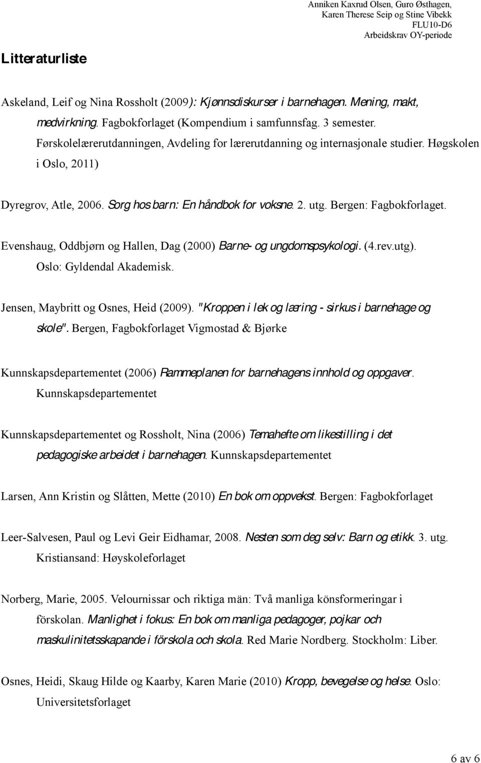 Evenshaug, Oddbjørn og Hallen, Dag (2000) Barne- og ungdomspsykologi. (4.rev.utg). Oslo: Gyldendal Akademisk. Jensen, Maybritt og Osnes, Heid (2009).