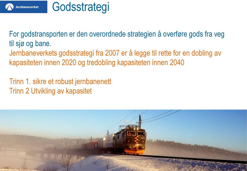 Jernbaneverkets godsstrategi fra 2007 er å legge til rette for en dobling av