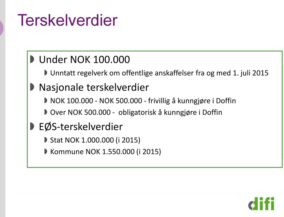 juli 2015 Nasjonale terskelverdier NOK 100.000 - NOK 500.