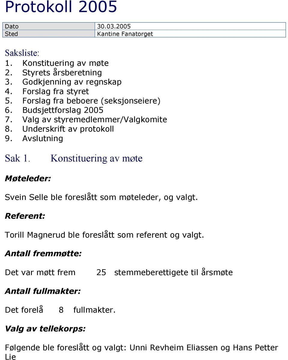 Konstituering av møte Møteleder: Svein Selle ble foreslått som møteleder, og valgt. Referent: Torill Magnerud ble foreslått som referent og valgt.