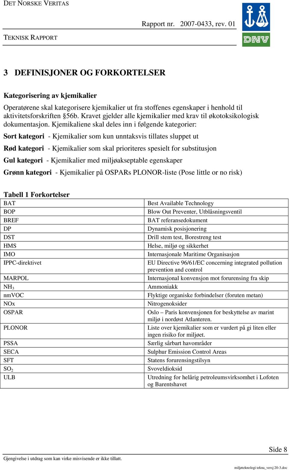 Kjemikaliene skal deles inn i følgende kategorier: Sort kategori - Kjemikalier som kun unntaksvis tillates sluppet ut Rød kategori - Kjemikalier som skal prioriteres spesielt for substitusjon Gul