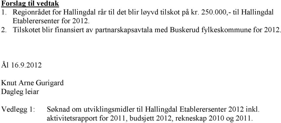 12. 2. Tilskotet blir finansiert av partnarskapsavtala med Buskerud fylkeskommune for 2012. Ål 16.9.