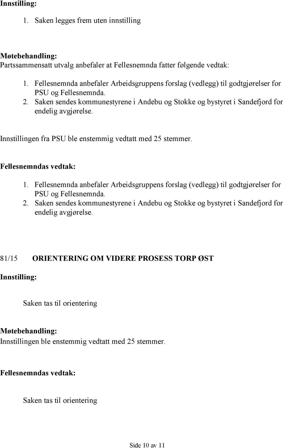 Innstillingen fra PSU ble enstemmig vedtatt med 25 stemmer. Fellesnemndas vedtak: 1.