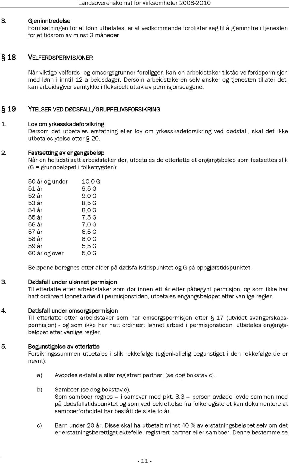 Dersom arbeidstakeren selv ønsker og tjenesten tillater det, kan arbeidsgiver samtykke i fleksibelt uttak av permisjonsdagene. 19 YTELSER VED DØDSFALL/GRUPPELIVSFORSIKRING 1.