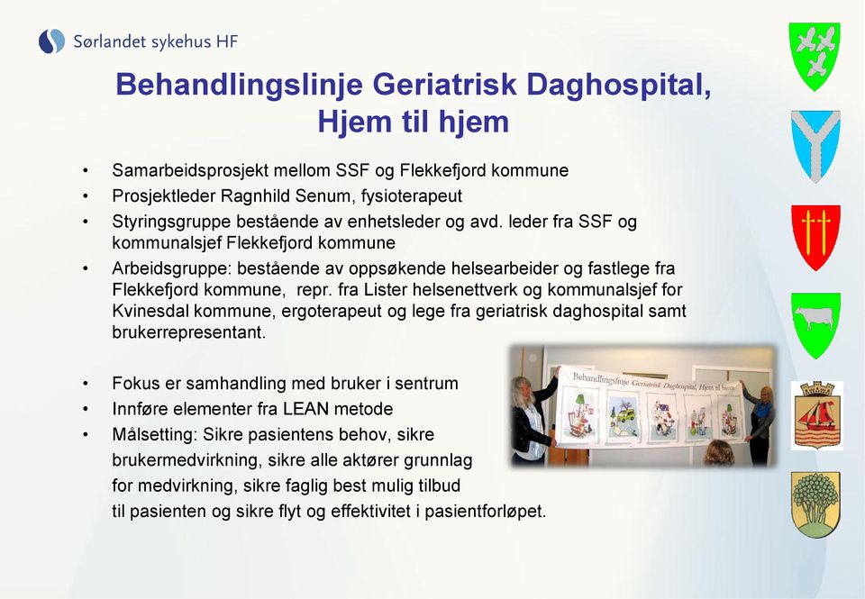 fra Lister helsenettverk og kommunalsjef for Kvinesdal kommune, ergoterapeut og lege fra geriatrisk daghospital samt brukerrepresentant.