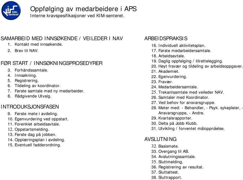 Første dag på jobben. 14. Opplæringsplan i avdeling. 15. Eventuell fadderordning. ARBEIDSPRAKSIS 16. Individuell aktivitetsplan. 17. Første medarbeidersamtale. 18. Arbeidsavtale. 19.