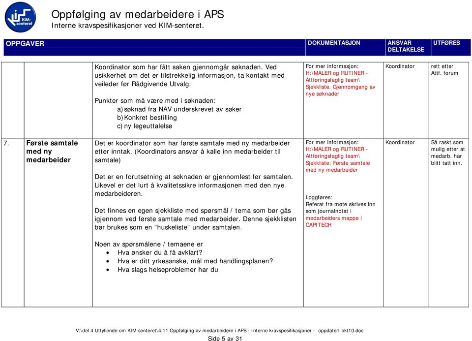 Gjennomgang av nye søknader rett etter Attf. forum 7. Første samtale med ny medarbeider Det er koordinator som har første samtale med ny medarbeider etter inntak.