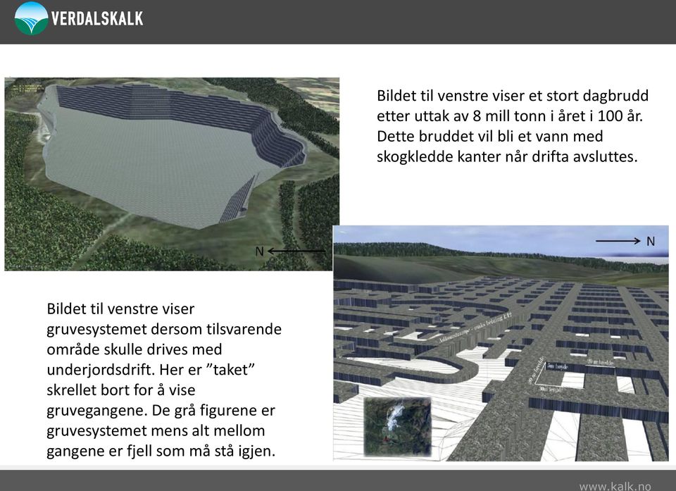 Bildet til venstre viser gruvesystemet dersom tilsvarende område skulle drives med underjordsdrift.