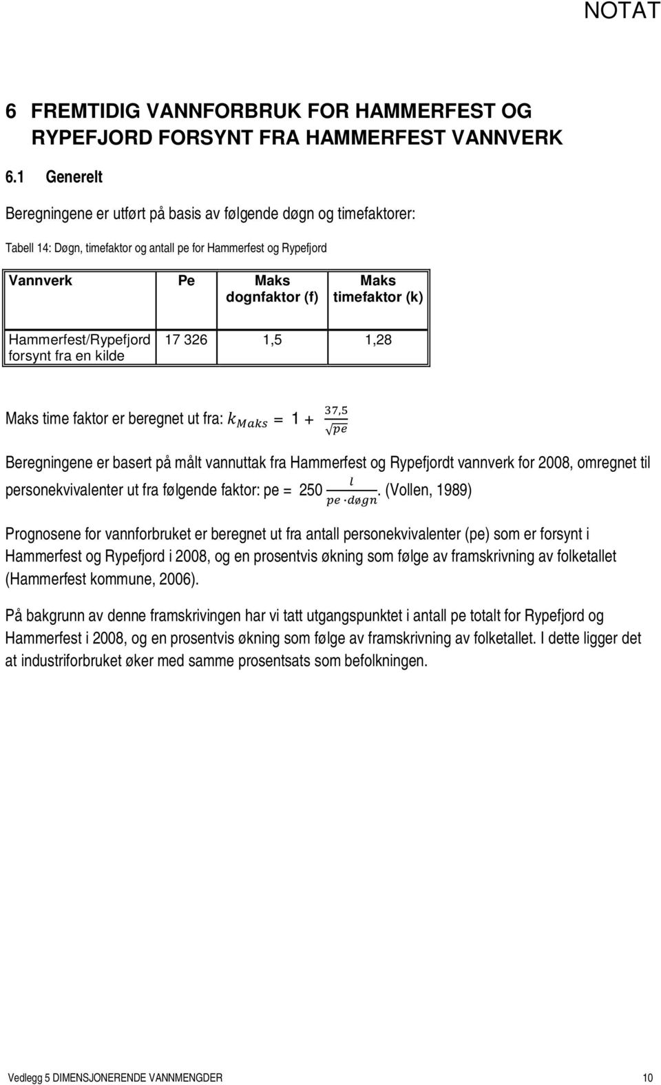 Hammerfest/Ryfjord forsynt fra en kilde 17 326 1,5 1,28 time faktor er beregnet ut fra: =1+ Beregningene er basert på målt vannuttak fra Hammerfest og Ryfjordt vannverk for 2008, omregnet til