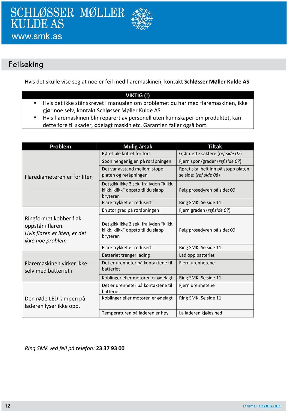 Hvis flaremaskinen blir reparert av personell uten kunnskaper om produktet, kan dette føre til skader, ødelagt maskin etc. Garantien faller også bort.