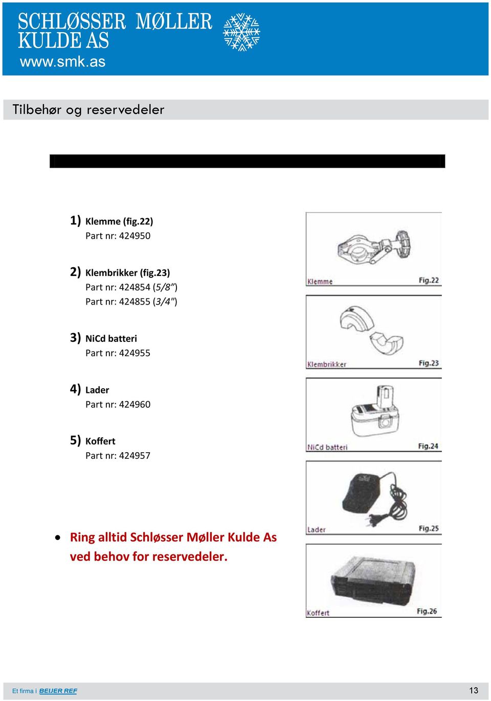 23) Part nr: 424854 (5/8 ) Part nr: 424855 (3/4") 3) NiCd batteri Part nr: