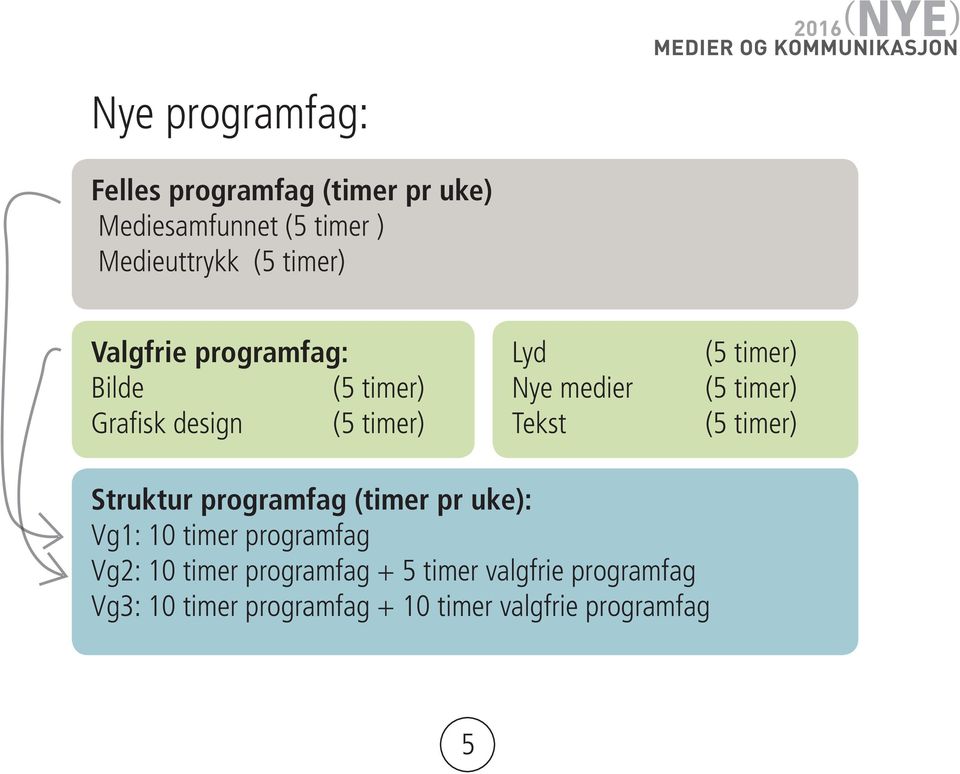 timer) (5 timer) (5 timer) Struktur programfag (timer pr uke): Vg1: 10 timer programfag Vg2: 10