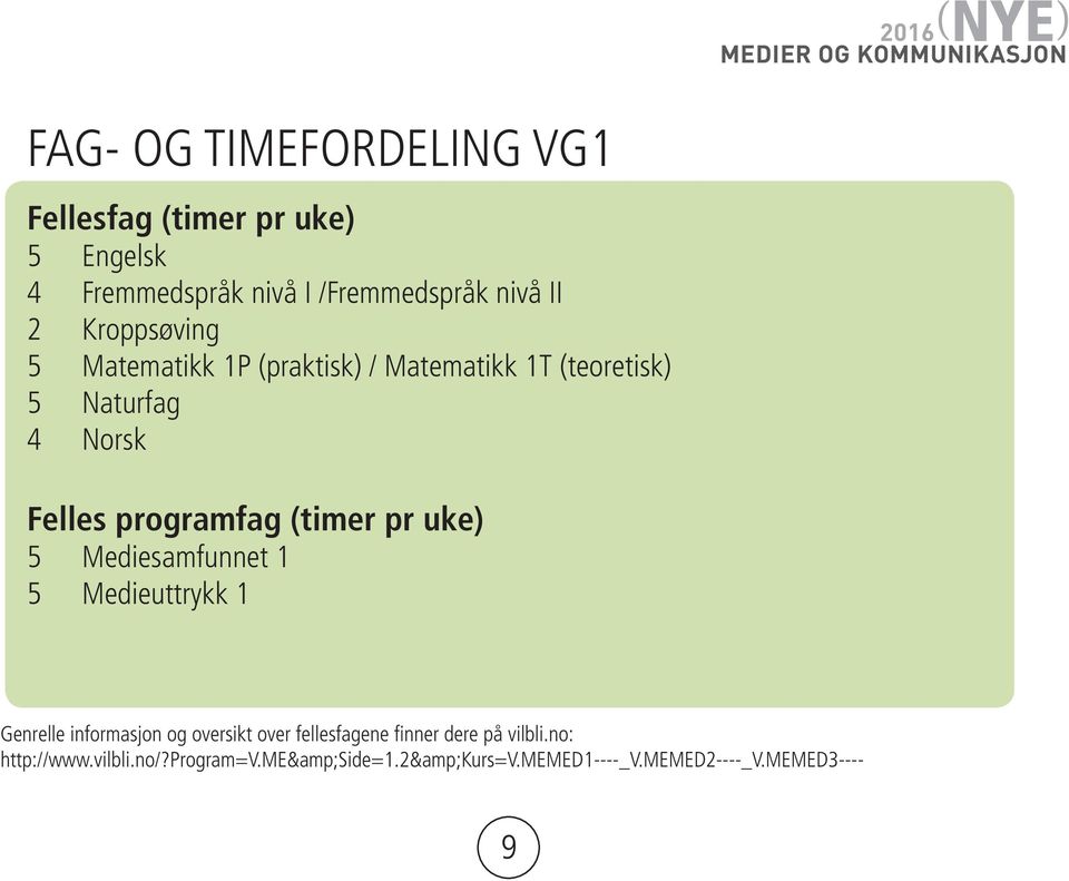 (timer pr uke) 5 Mediesamfunnet 1 5 Medieuttrykk 1 Genrelle informasjon og oversikt over fellesfagene