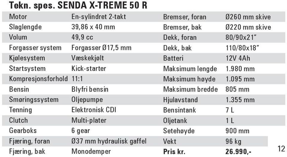 Kick-starter Kompresjonsforhold 11:1 Bensin Blyfri bensin Smøringssystem Oljepumpe Tenning Elektronisk CDI Clutch Multi-plater Gearboks 6 gear Fjæring, foran Ø37