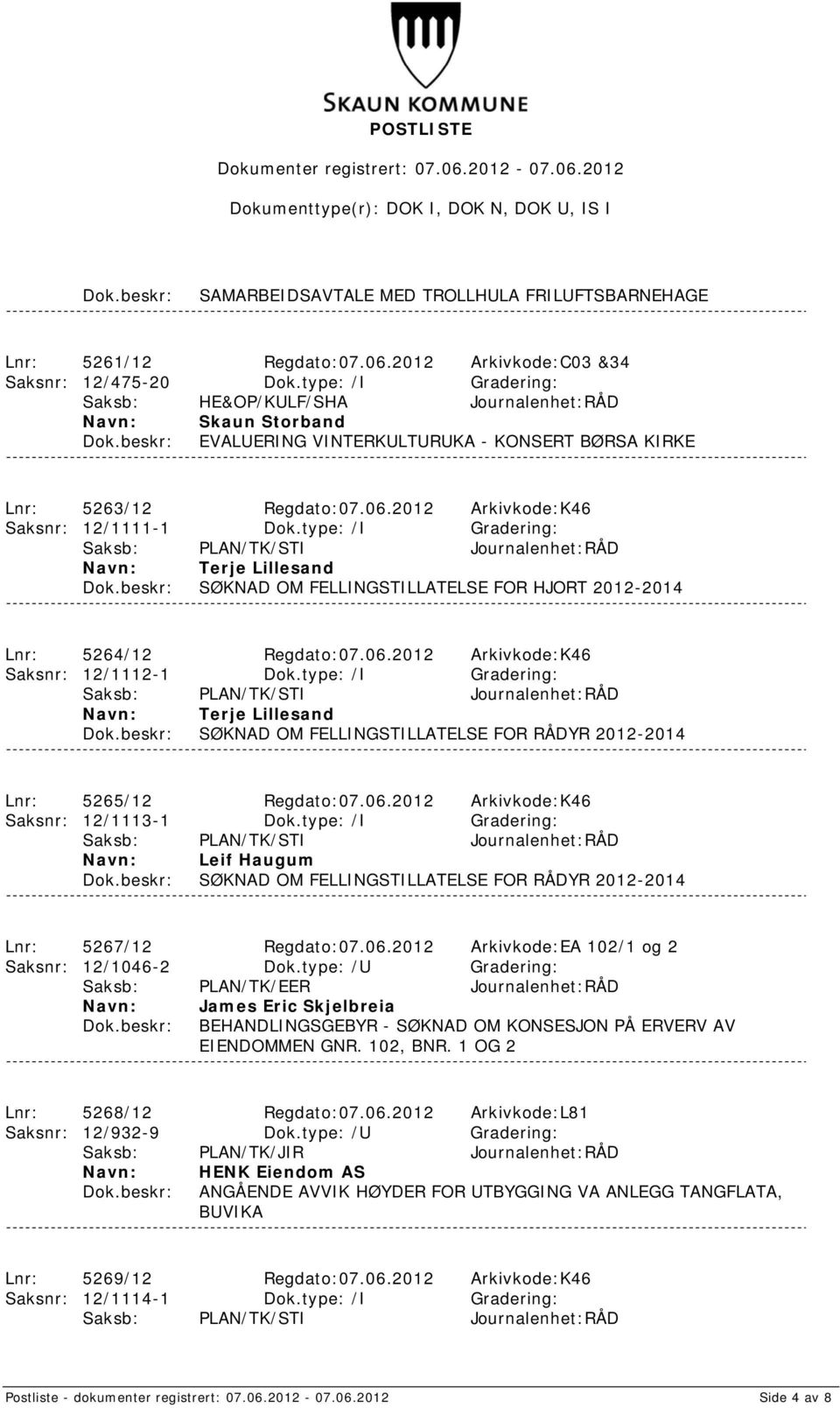 type: /I Gradering: Saksb: PLAN/TK/STI Journalenhet:RÅD Terje Lillesand SØKNAD OM FELLINGSTILLATELSE FOR HJORT 2012-2014 Lnr: 5264/12 Regdato:07.06.2012 Arkivkode:K46 Saksnr: 12/1112-1 Dok.