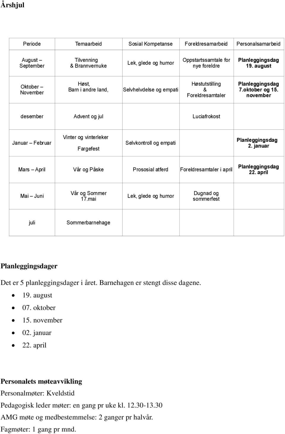 november desember Advent og jul Luciafrokost Januar Februar Vinter og vinterleker Fargefest Selvkontroll og empati Planleggingsdag 2.