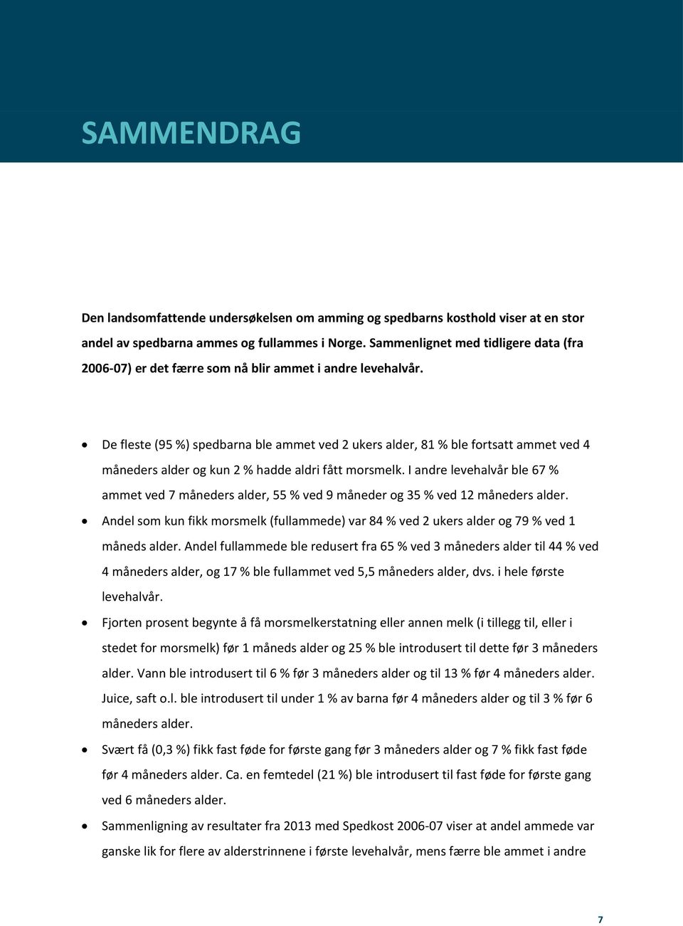 De fleste (95 %) spedbarna ble ammet ved 2 ukers alder, 81 % ble fortsatt ammet ved 4 måneders alder og kun 2 % hadde aldri fått morsmelk.