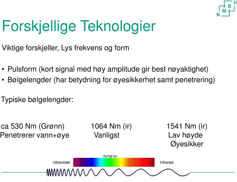 betydning for øyesikkerhet samt penetrering) Typiske bølgelengder: ca 530 Nm