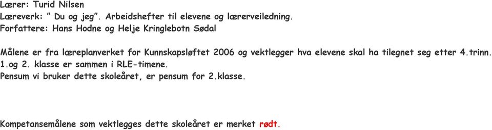 og vektlegger hva elevene skal ha tilegnet seg etter 4.trinn. 1.og 2. klasse er sammen i RLE-timene.