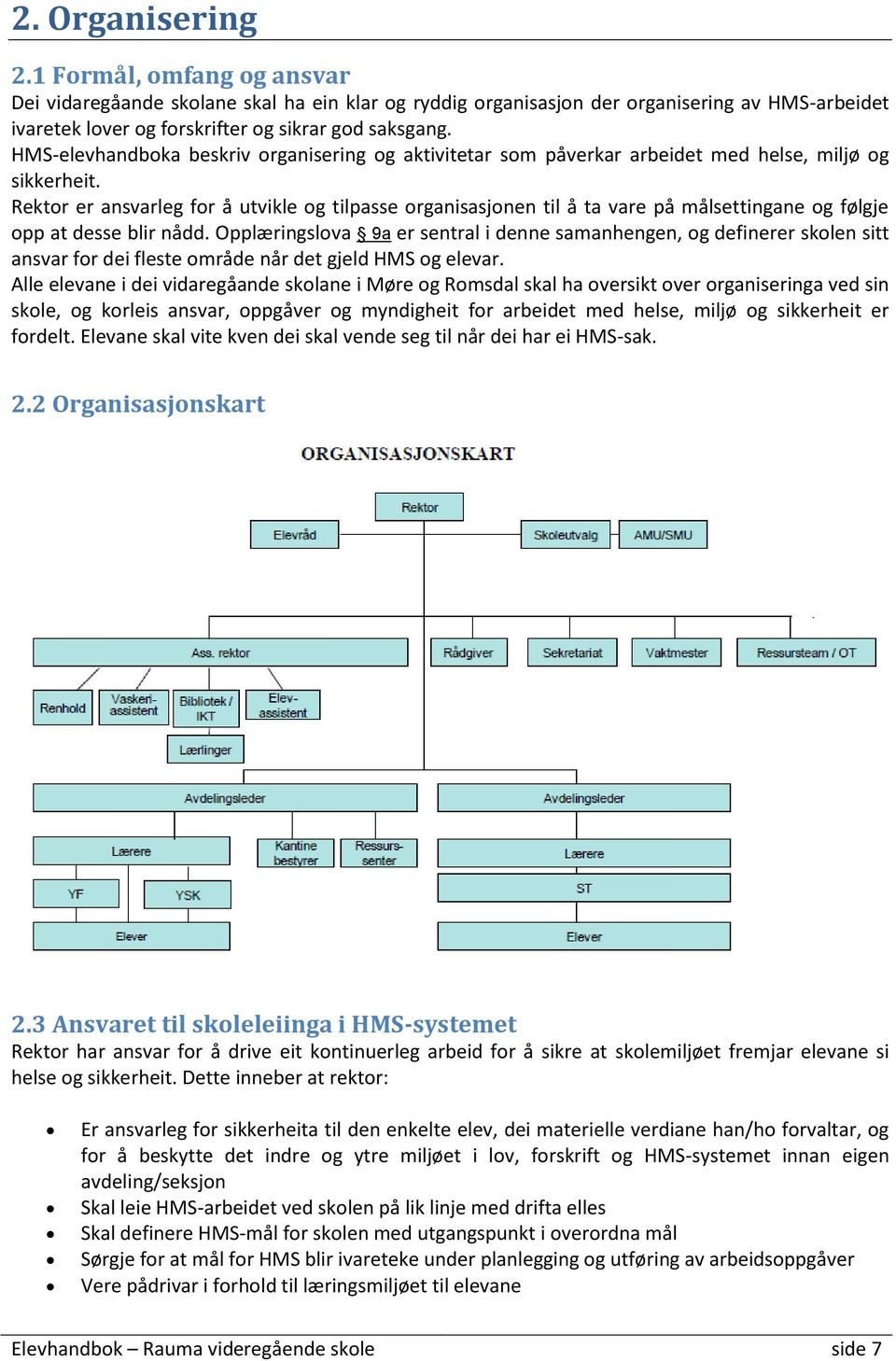 Rektor er ansvarleg for å utvikle og tilpasse organisasjonen til å ta vare på målsettingane og følgje opp at desse blir nådd.