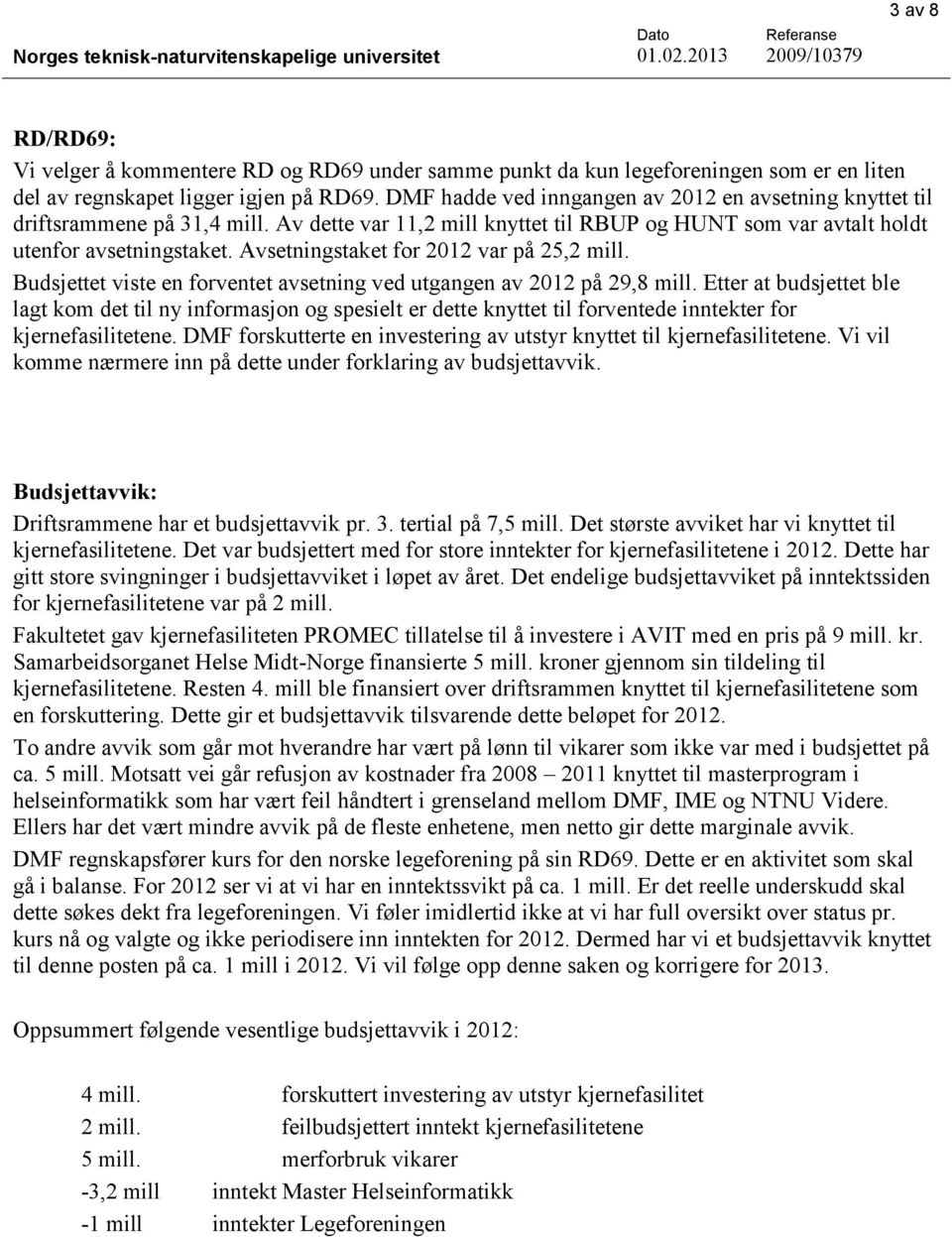 Avsetningstaket for 2012 var på 25,2 mill. Budsjettet viste en forventet avsetning ved utgangen av 2012 på 29,8 mill.