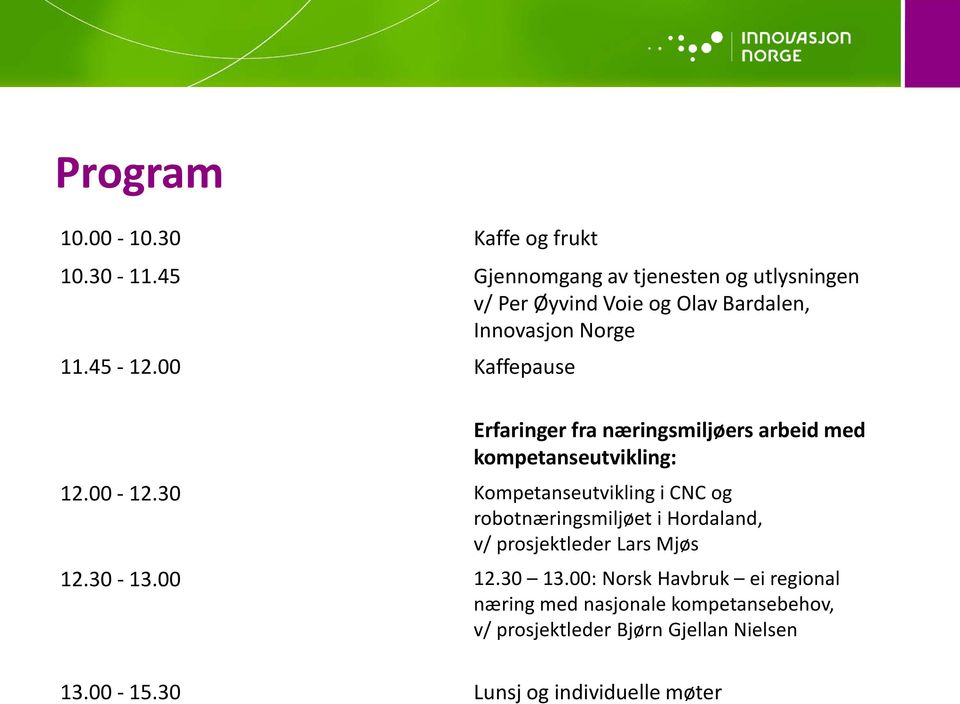 00 Kaffepause Erfaringer fra næringsmiljøers arbeid med kompetanseutvikling: 12.00-12.