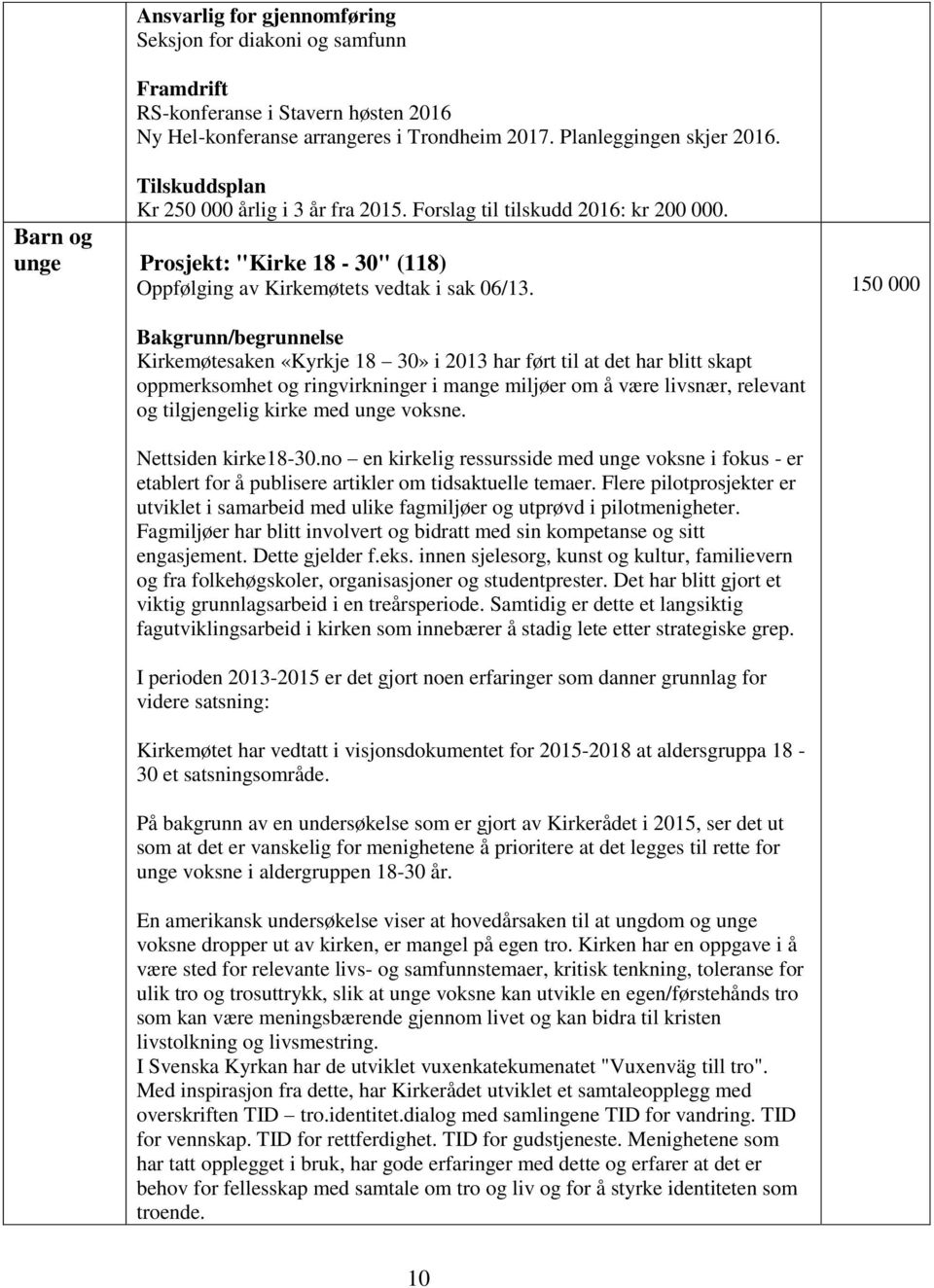 150 000 Bakgrunn/begrunnelse Kirkemøtesaken «Kyrkje 18 30» i 2013 har ført til at det har blitt skapt oppmerksomhet og ringvirkninger i mange miljøer om å være livsnær, relevant og tilgjengelig kirke