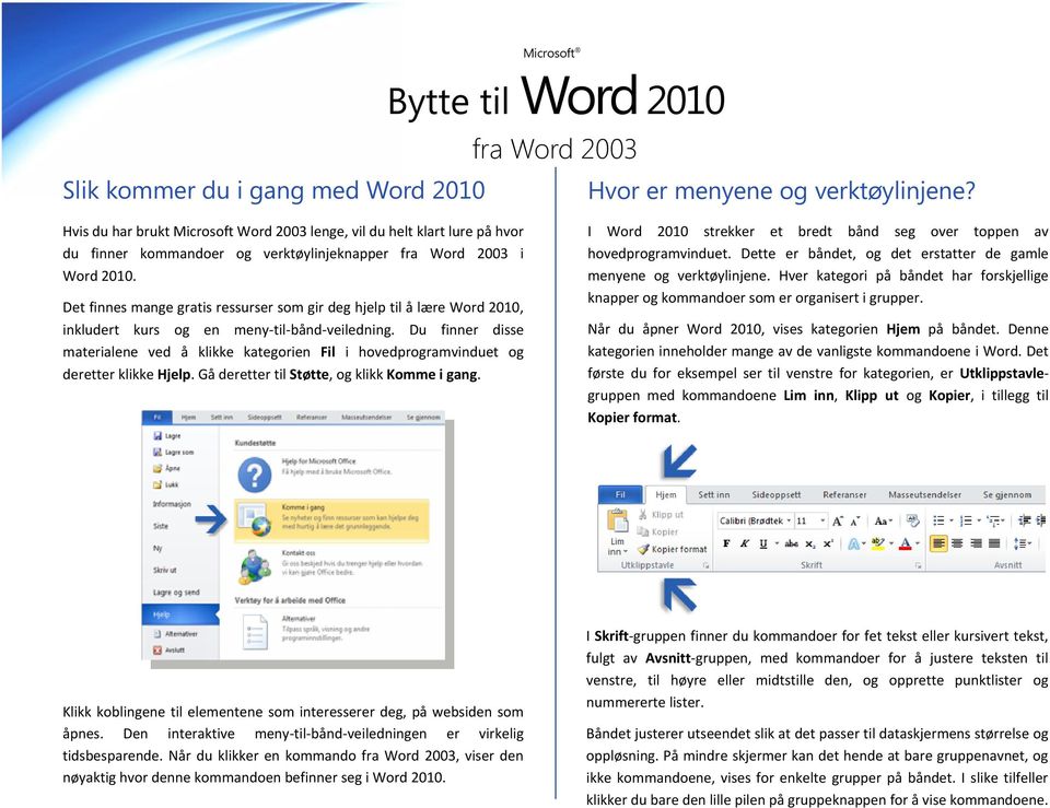 Det finnes mange gratis ressurser som gir deg hjelp til å lære Word 2010, inkludert kurs og en meny-til-bånd-veiledning.