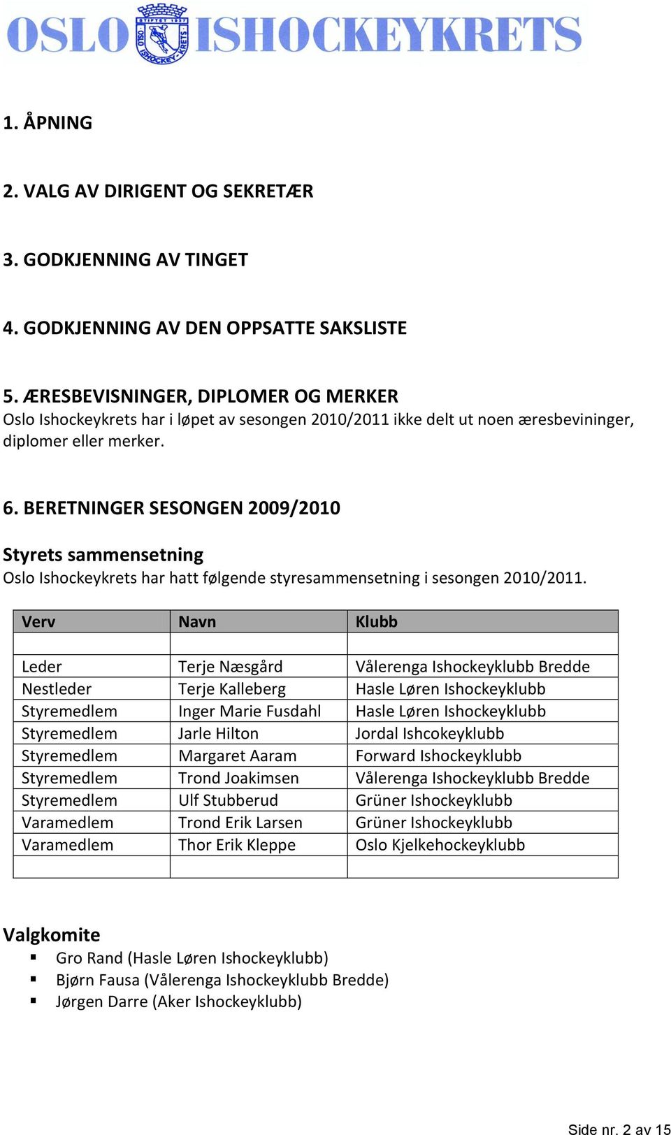 BERETNINGER SESONGEN 2009/2010 Styrets sammensetning Oslo Ishockeykrets har hatt følgende styresammensetning i sesongen 2010/2011.
