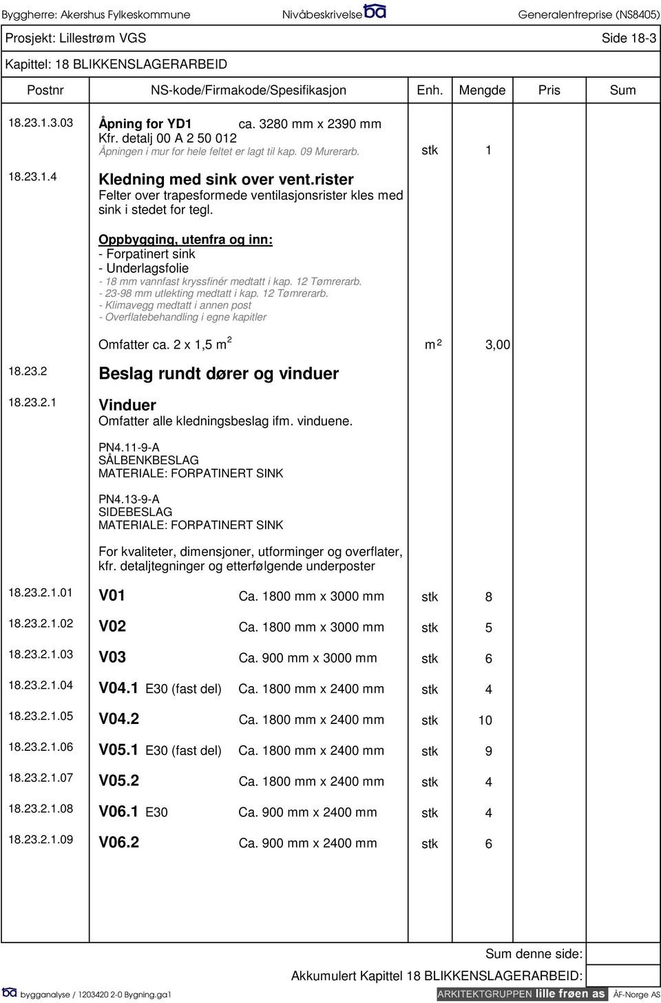 - 23-98 mm utlekting medtatt i kap. 12 Tømrerarb. - Klimavegg medtatt i annen post - Overflatebehandling i egne kapitler Omfatter ca. 2 x 1,5 m 2 m 2 3,00 18.23.2 Beslag rundt dører og vinduer 18.23.2.1 Vinduer Omfatter alle kledningsbeslag ifm.