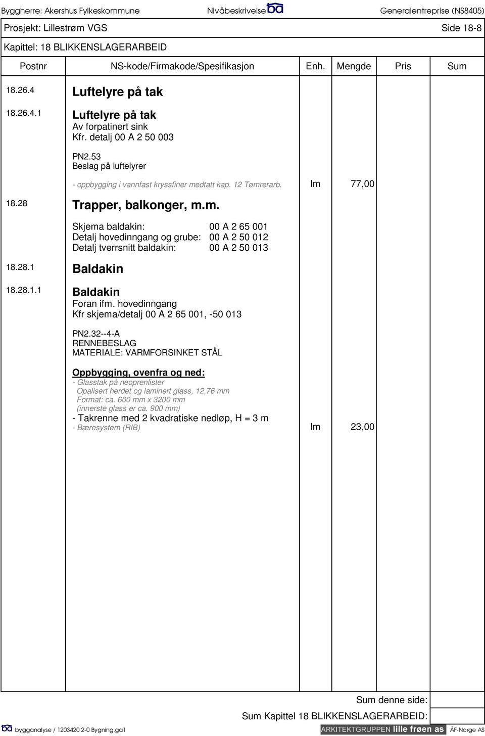 Trapper, balkonger, m.m. 18.28.1 Baldakin Skjema baldakin: 00 A 2 65 001 Detalj hovedinngang og grube: 00 A 2 50 012 Detalj tverrsnitt baldakin: 00 A 2 50 013 18.28.1.1 Baldakin Foran ifm.