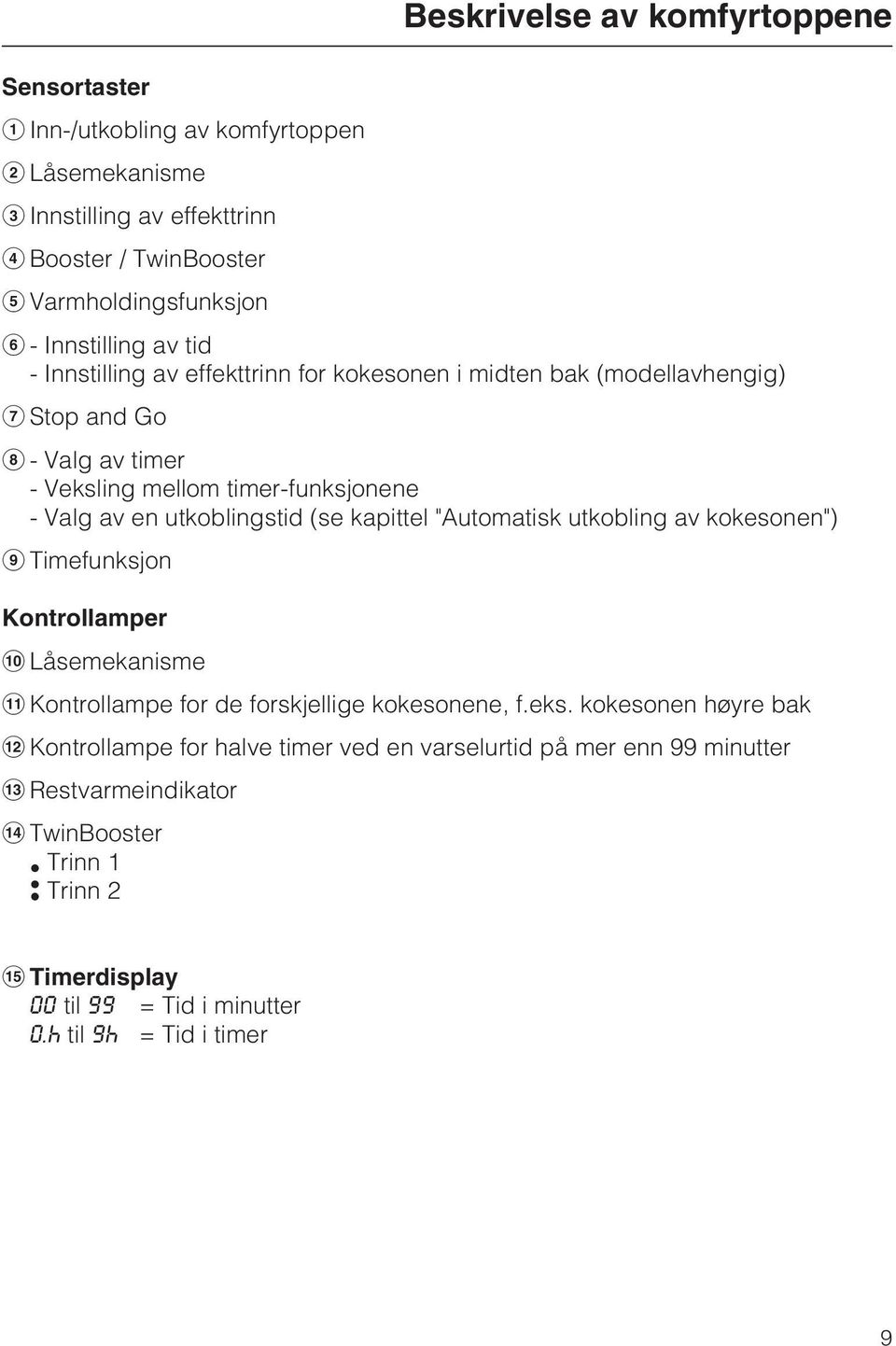 (se kapittel "Automatisk utkobling av kokesonen") Timefunksjon Kontrollamper Låsemekanisme Kontrollampe for de forskjellige kokesonene, f.eks.