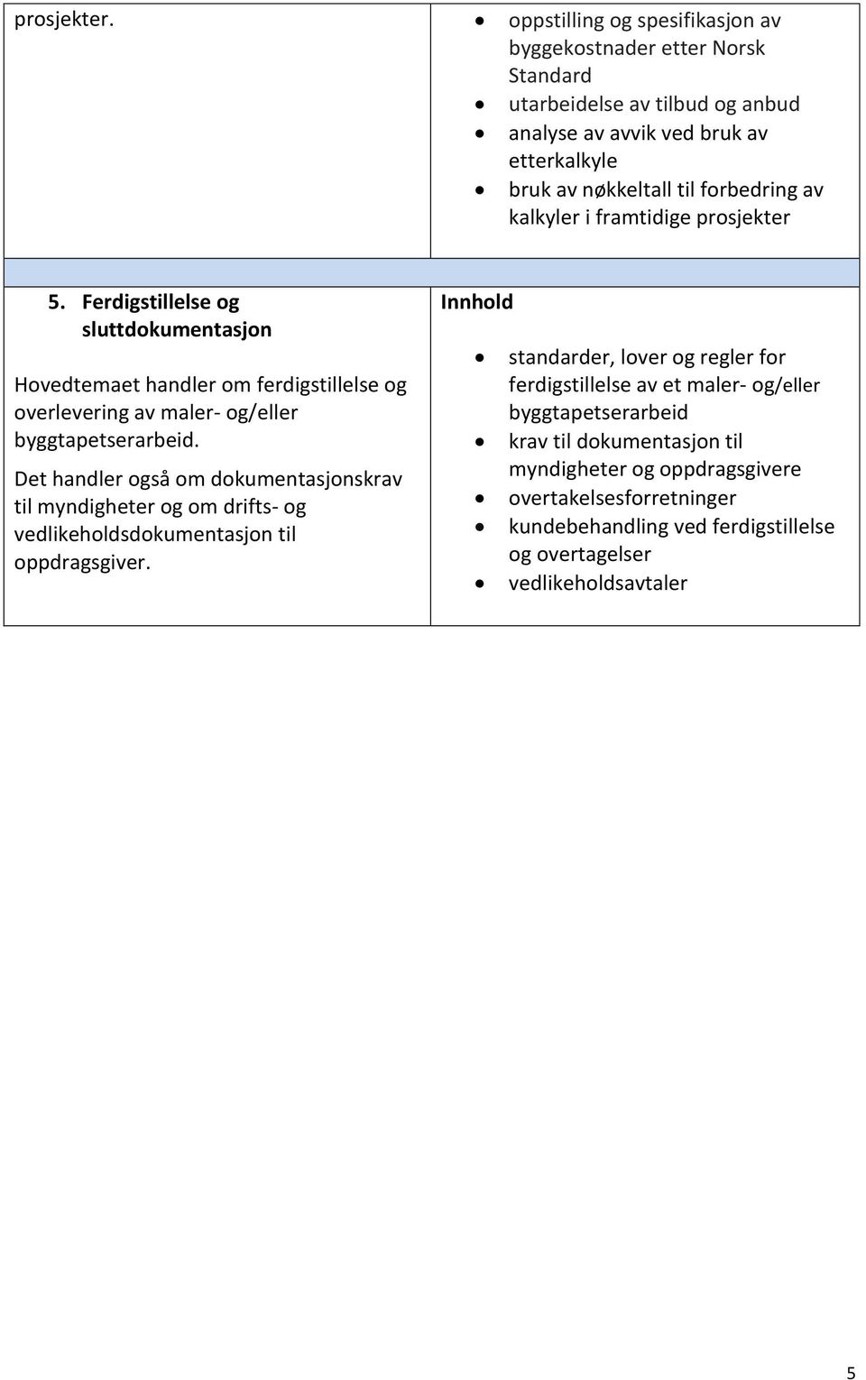 kalkyler i framtidige prosjekter 5. Ferdigstillelse og sluttdokumentasjon Hovedtemaet handler om ferdigstillelse og overlevering av maler- og/eller byggtapetserarbeid.