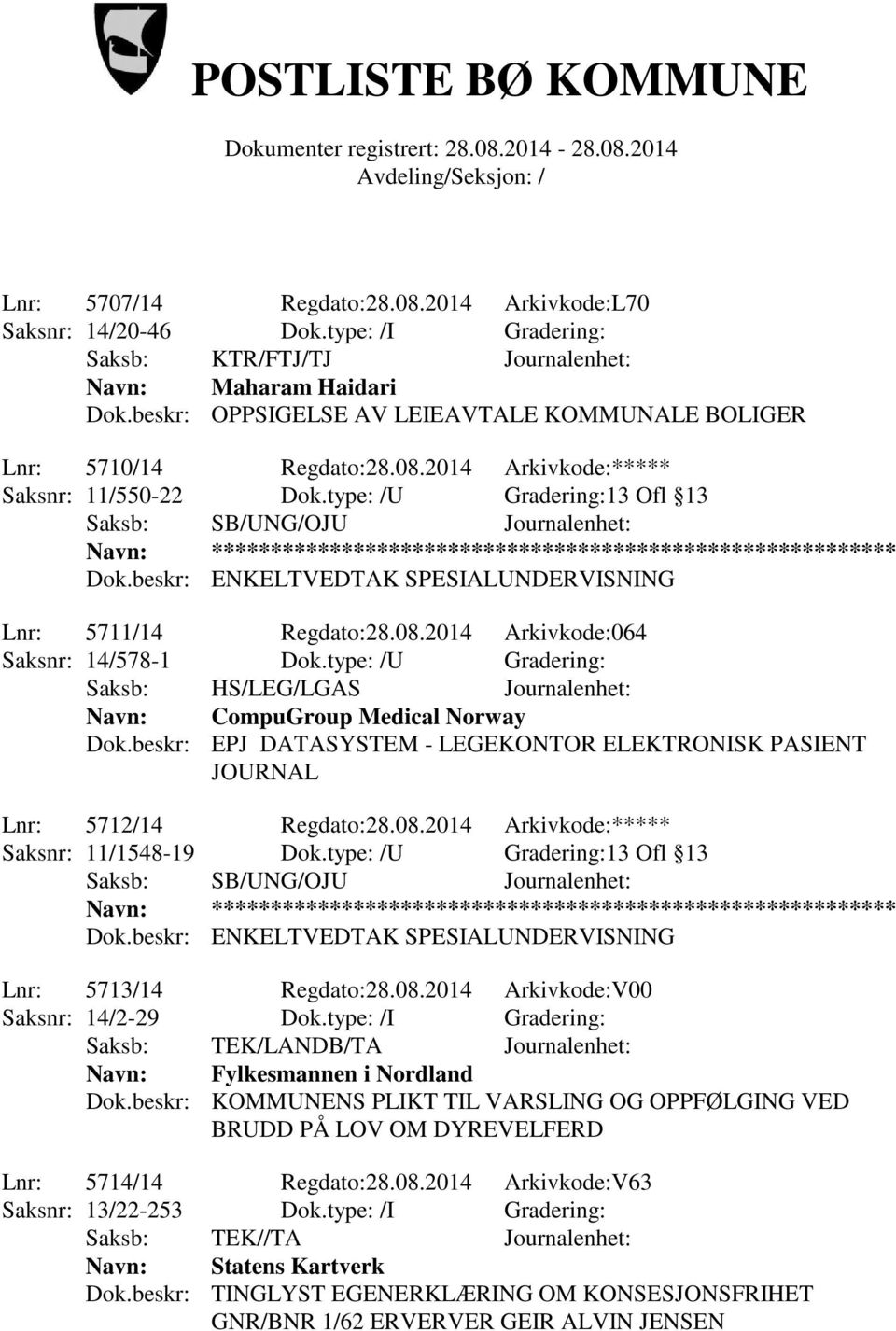 type: /U Gradering: Saksb: HS/LEG/LGAS Journalenhet: Navn: CompuGroup Medical Norway Dok.beskr: EPJ DATASYSTEM - LEGEKONTOR ELEKTRONISK PASIENT JOURNAL Lnr: 5712/14 Regdato:28.08.