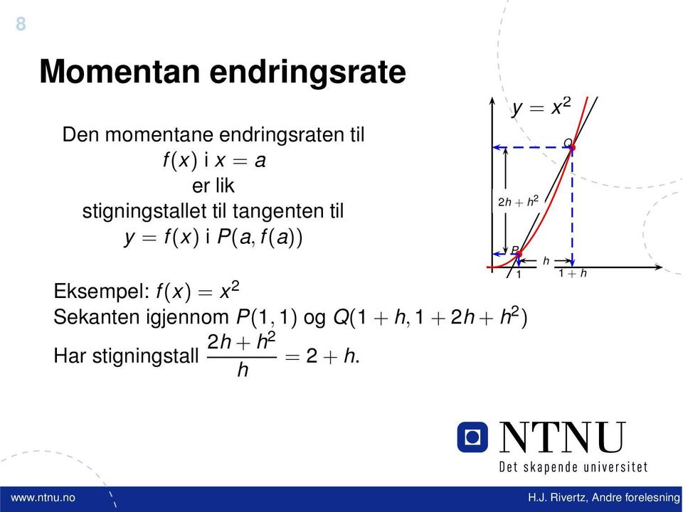 2 2h + h 2 Eksempel: f(x) = x 2 Sekanten igjennom P(1, 1) og Q(1 +