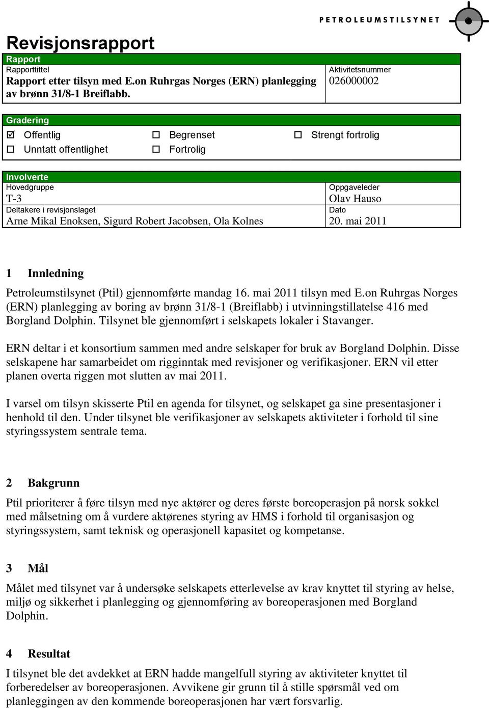 Enoksen, Sigurd Robert Jacobsen, Ola Kolnes 20. mai 2011 1 Innledning Petroleumstilsynet (Ptil) gjennomførte mandag 16. mai 2011 tilsyn med E.