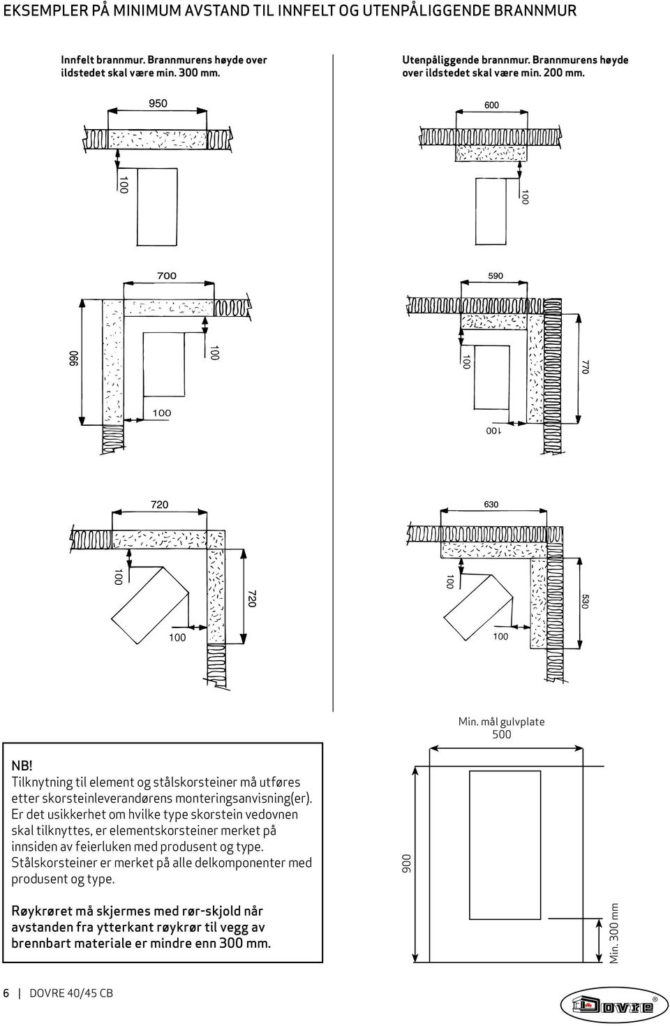 Tilknytning til element og stålskorsteiner må utføres etter skorsteinleverandørens monteringsanvisning(er).