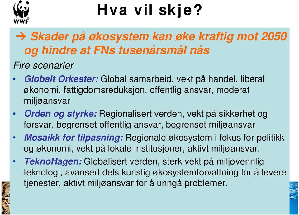 fattigdomsreduksjon, offentlig ansvar, moderat miljøansvar Orden og styrke: Regionalisert verden, vekt på sikkerhet og forsvar, begrenset offentlig ansvar,