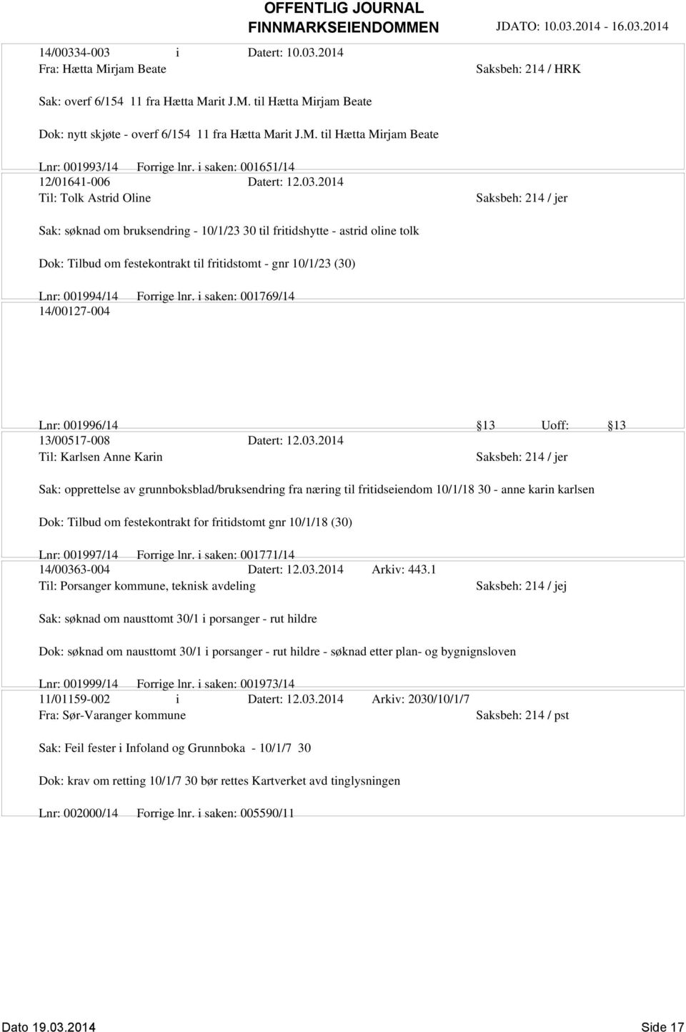 2014 Til: Tolk Astrid Oline Sak: søknad om bruksendring - 10/1/23 30 til fritidshytte - astrid oline tolk Dok: Tilbud om festekontrakt til fritidstomt - gnr 10/1/23 (30) Lnr: 001994/14 Forrige lnr.